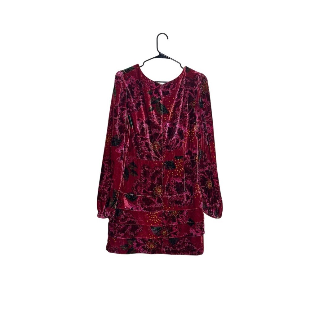 FARM Rio Mini Dress Womens Size L Red Pink Floral Velvet Long Sleeve - Picture 4 of 16
